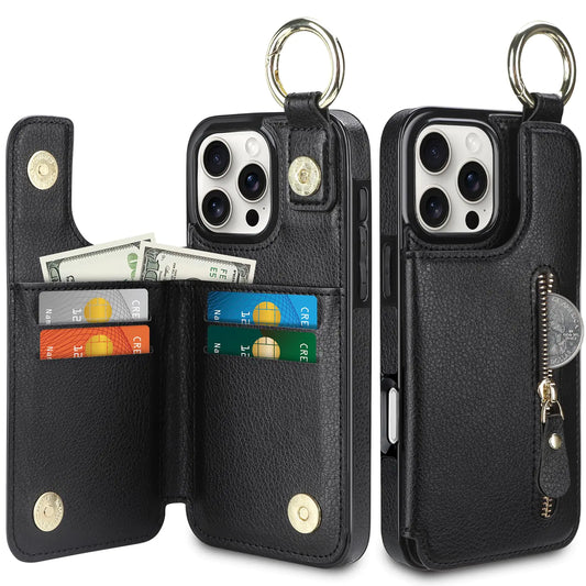 iPhone 16 Pro Case Wallet with Card Holder Zipper